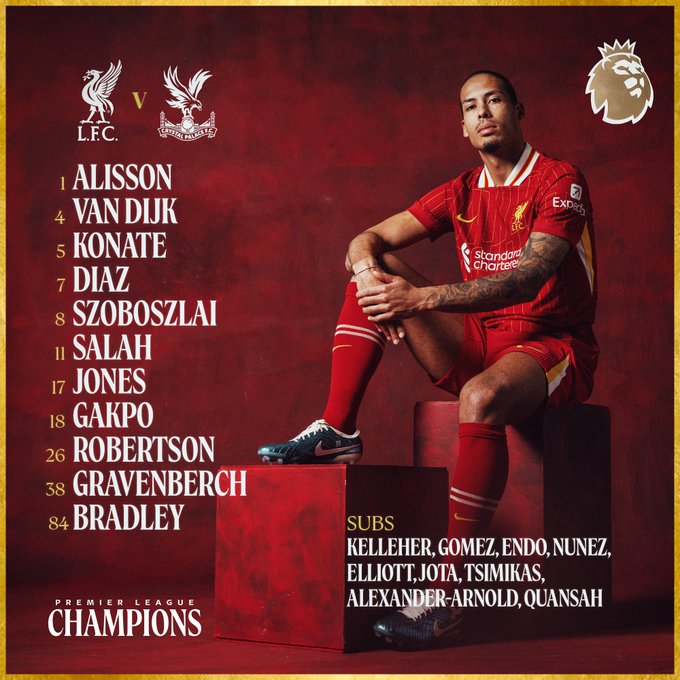 利物浦vs水晶宫首发：萨拉赫领衔，阿诺德替补，布拉德利出战